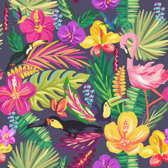 Flamingo, toucans, tropical leaves and flowers. Seamless pattern with digital hand drawn illustrations 