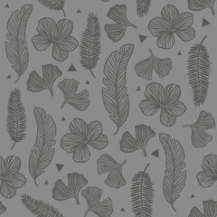 Palm tree and gingko leaves with hibiscus flowers, seamless pattern with hand drawn vector elements

