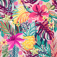 Fototapeta na wymiar hibiscus flowers and tropical leaves. Seamless pattern with hand drawn digital vector illustrations with floral theme 