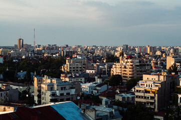 Skyline of Bucharest Romania in Partly Cloudy Sunset