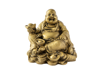 Gold color Feng Shui sitting laughing Buddha with gold coins. Wealth, prosperity, luck charm. Buddha figurine isolated on white background, lot of copy space.