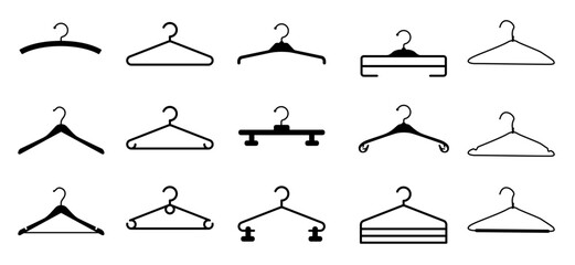 Cartoon old empty clothes hanger set. Hanger for cloakroom closet. Hanger silhouette. clothes hangers icon. Coat and dress hanger. Wood, metal empty fashion clothing hooks. Clothes fashion.