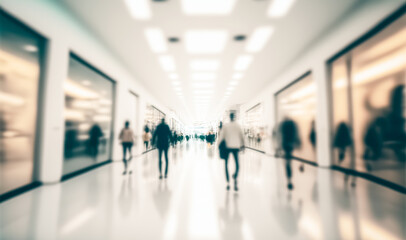 Obraz premium Shopping mall or business hall with people walking. Blur background with bokeh. Abstract urban background with copy space 