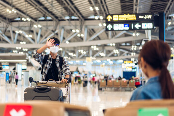 Young happy friend traveler in quarantine for coronavirus wearing surgical mask face protection hold passport and ticket before long travel vacation flight at International terminal airport
