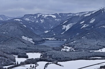 Erlaufsee im Winter von der Bürgeralpe, Mariazell, Österreich