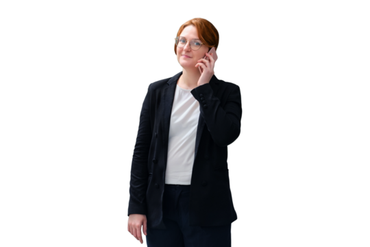 A school teacher talks on a mobile phone, isolated on a white background