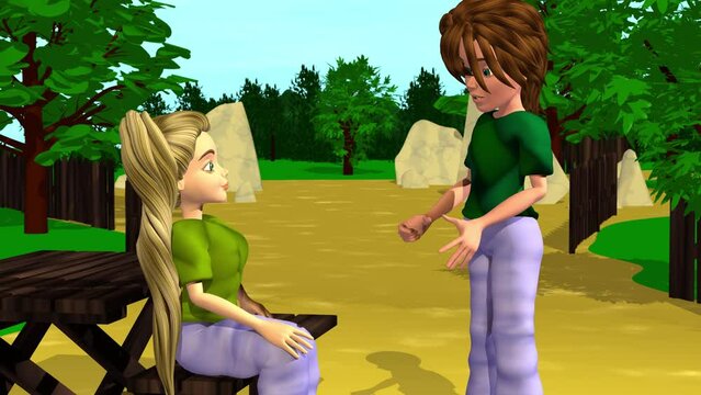 3d animation, two cartoons characters on the path of the forest