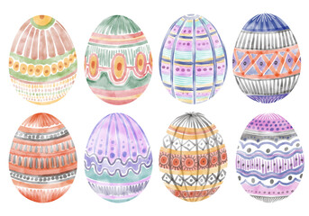 Set of watercolor Easter eggs with geometric pattern. Collection of Hand drawn colored Easter eggs with ornament on white background