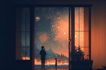 Firework new year eve celebration wallpaper background. Illustration of country celebrating new year with colorful fireworks.