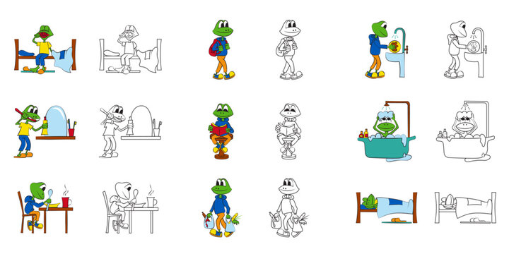Coloring page. Baby frog performing various tasks during the day. Bright vector illustration.