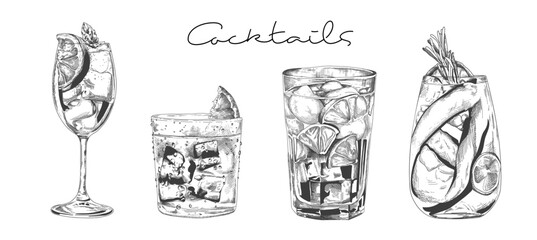 Hand drawn cocktail. Alcoholic drinks in glasses. Sketch juice, margarita martini. Cocktail with rum, gin whiskey vector set.