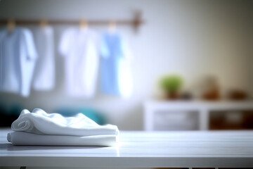 Laundry room with washing machine background. 3D white blurred home laundry room with display for product. Generative Ai image illustration  - obrazy, fototapety, plakaty
