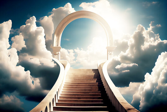 Stairway leading to heaven door. Stairs in sky image created with Generative AI technology.
