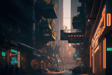 cyberpunk city, landscape, neon, art illustration