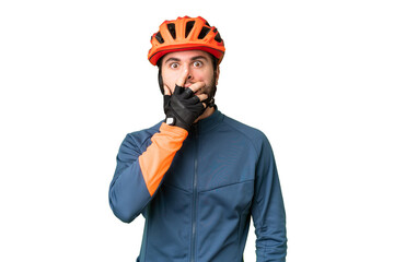 Young cyclist man over isolated chroma key background surprised and shocked while looking right - obrazy, fototapety, plakaty