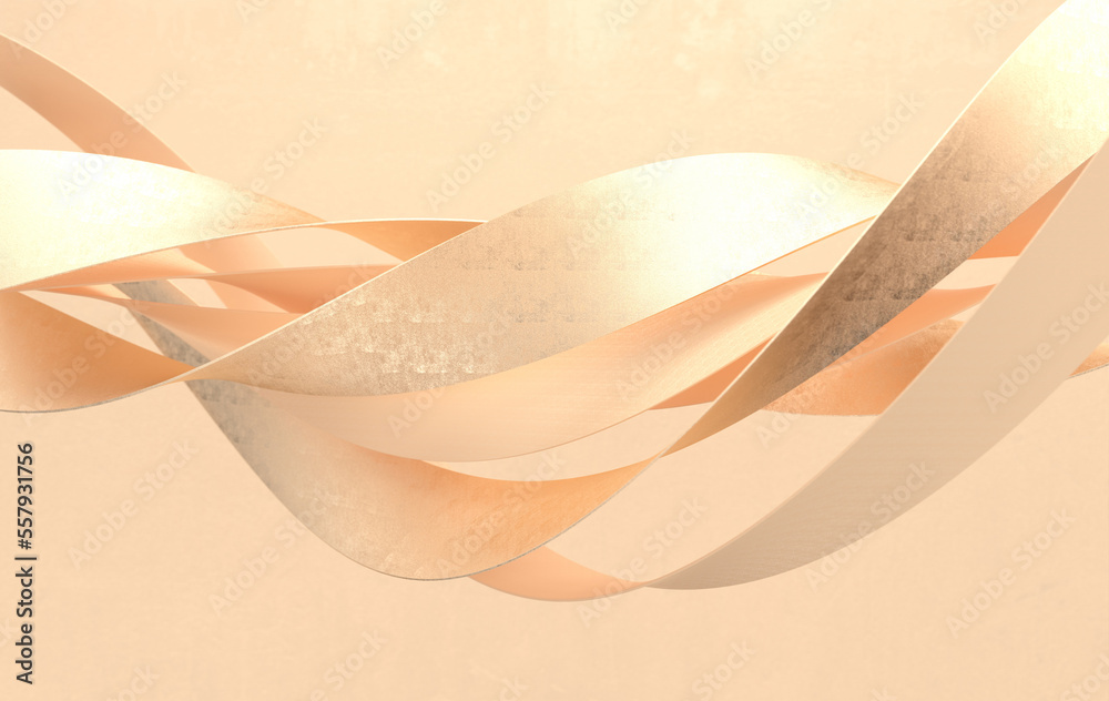 Wall mural abstract beige and golden twisted geometric shapes, waves. modern background 3d rendering