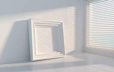 3d rendering of the room corner wall and window with blinds, empty frame, shadow. Kitchen or bathroom interior mock up for product presentation
