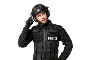 SWAT over isolated chroma key background thinking an idea