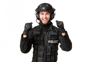 SWAT over isolated chroma key background celebrating a victory in winner position