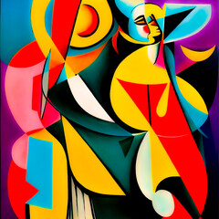 Abstract painting in the style of cubism, female portrait. A young woman in vibrant colors on a square canvas.
