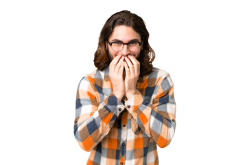 Young handsome man over isolated chroma key background happy and smiling covering mouth with hands