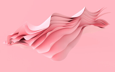 Pink paper or cotton fabric 3d rendering background with waves and curves. Dynamic wallpaper