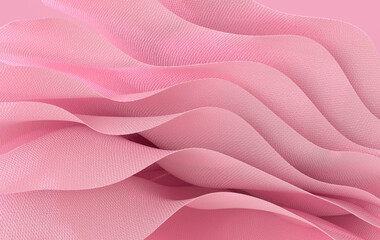 Pink paper or cotton fabric 3d rendering background with waves and curves. Dynamic wallpaper