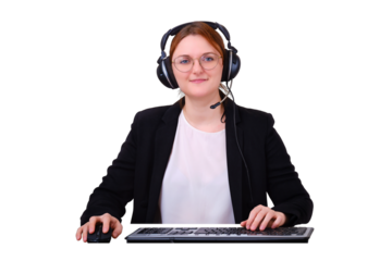 View through a computer camera during an online video call, isolated on a white background. Business woman in the Internet conference when working remotely in the home