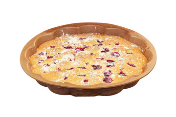 Berry pie in powdered sugar just out of the oven, isolated on a white background