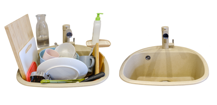 Sink with dirty dishes before and after, isolated on a white background. Clean and cluttered kitchen sink, isolated on a white background