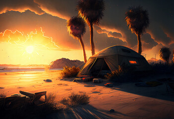 Fototapeta na wymiar Tourist camping tent on sea coast near palm trees
