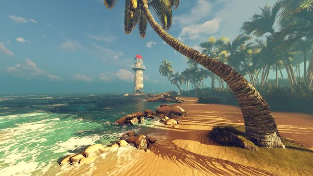 Lighthouse built on a tropical islan