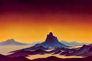 Mountain peaks of the Himalayas against the background of the evening sky, computer graphics