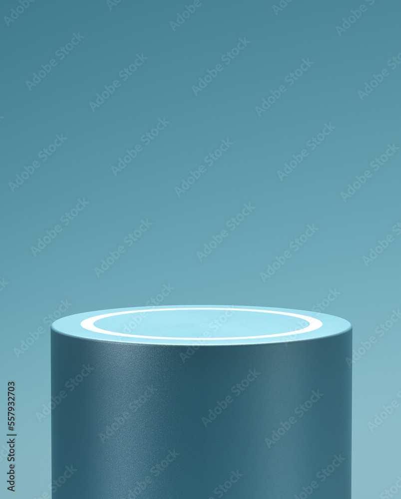 Fototapete empty blue cylindrical pedestal with white glowing circle for product placement. 3d computer graphic