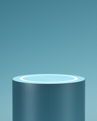 Empty blue cylindrical pedestal with white glowing circle for product placement. 3d computer...