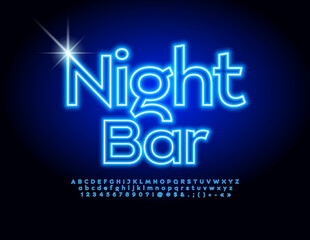 Fototapeta na wymiar Vector advertising poster Night Bar. Blue Neon Font. Artistic Alphabet Letters and Numbers set
