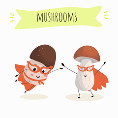 Illustration with mushrooms characters. Funny and healthy food. Vitamins, Food with a cute face, ingredients, vegetarianism, Vector cartoon, antioxidant, forest autumn harvest