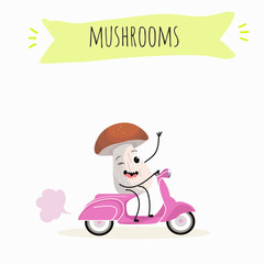 Illustration with mushrooms characters. Funny and healthy food. Vitamins, Food with a cute face, ingredients, vegetarianism, Vector cartoon, antioxidant, forest autumn harvest