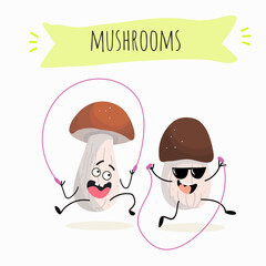 Illustration with mushrooms characters. Funny and healthy food. Vitamins, Food with a cute face, ingredients, vegetarianism, Vector cartoon, antioxidant, forest autumn harvest