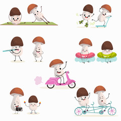 Illustration with funny set of mushrooms, collection of characters doing sports, playing musical instruments, riding. Funny and healthy food. Cute face food, ingredients, vegetarianism, vector cartoon