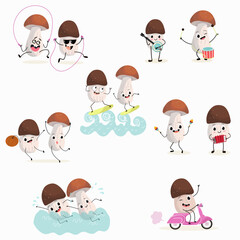 Illustration with funny set of mushrooms, collection of characters doing sports, playing musical instruments, riding. Funny and healthy food. Cute face food, ingredients, vegetarianism, vector cartoon