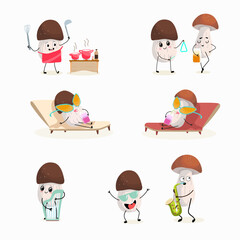 Illustration with funny set of mushrooms, collection of characters doing sports, playing musical instruments, riding. Funny and healthy food. Cute face food, ingredients, vegetarianism, vector cartoon