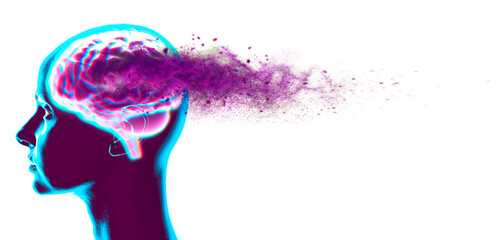 Fototapeta premium Memory lapses, forgetting things, degenerative disease. Brain problems. Parkinson and alzheimer desease. Mental health. Stroke, synapses and neurnons interaction. 3d rendering 