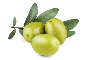 Delicious green olives with leaves, isolated on white background
