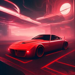 Obraz na płótnie Canvas Futuristic sports car on a road in the night lights, retro cyberpunk, cinematic HD wallpaper, cool fast and the furious driving wheel