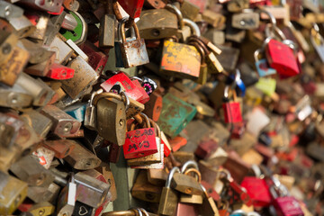 Padlocks on the bridge. background. Selective focus.