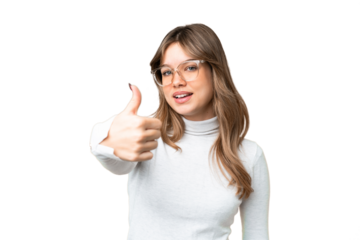 Young girl over isolated chroma key background With glasses and with thumb up
