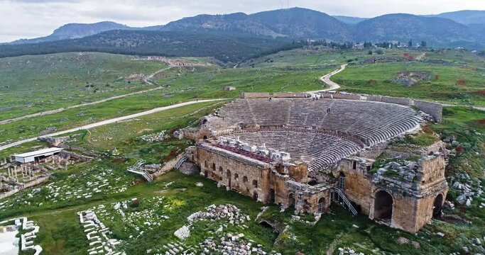 Drone image of Pamukkale Hierapolis Antique Theater, which is the only theater in Turkey whose stage building has been restored