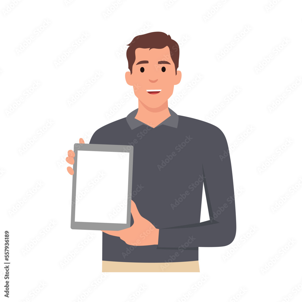 Wall mural young man showing or holding blank screen of digital tablet computer in hands. flat vector illustrat