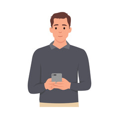 Young man using mobile phone. Flat vector illustration isolated on white background